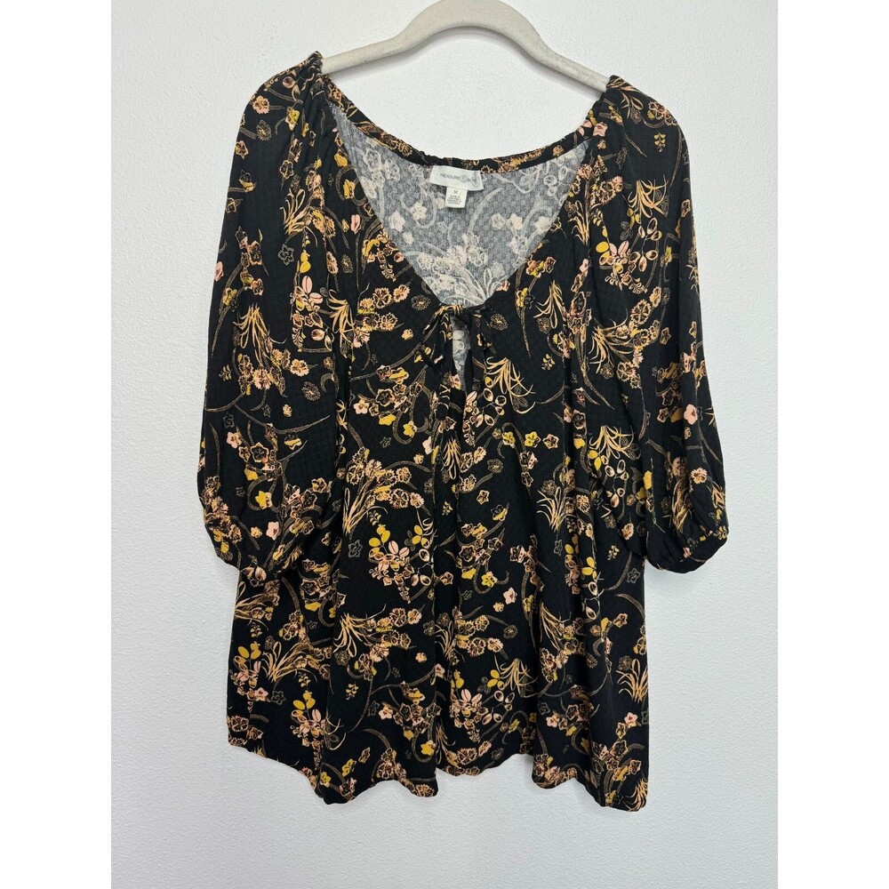 Treasure & Bond Medium Floral Peasant Top Black Gold Puff Sleeve Front Tie NWOT